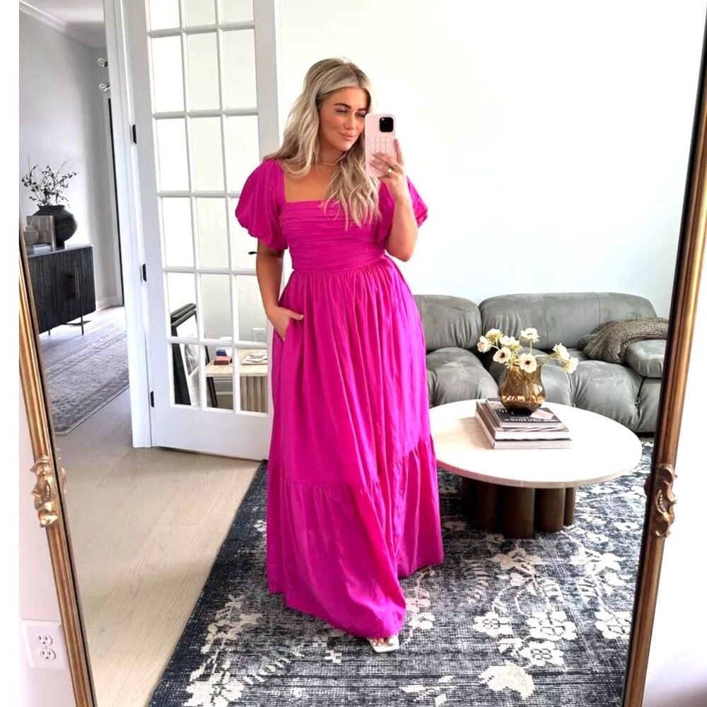 Abercrombie & Fitch Emerson Drama Puff Sleeve Bow Back Pink Maxi Dress Small